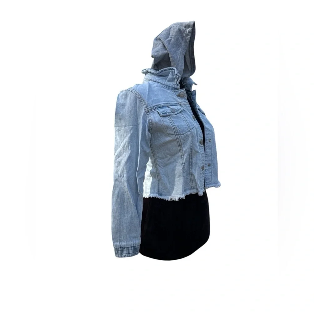 Cat & Jack Girls Hooded Cropped Denim Jacket L 10/12 Light Wash Frayed Hem‎